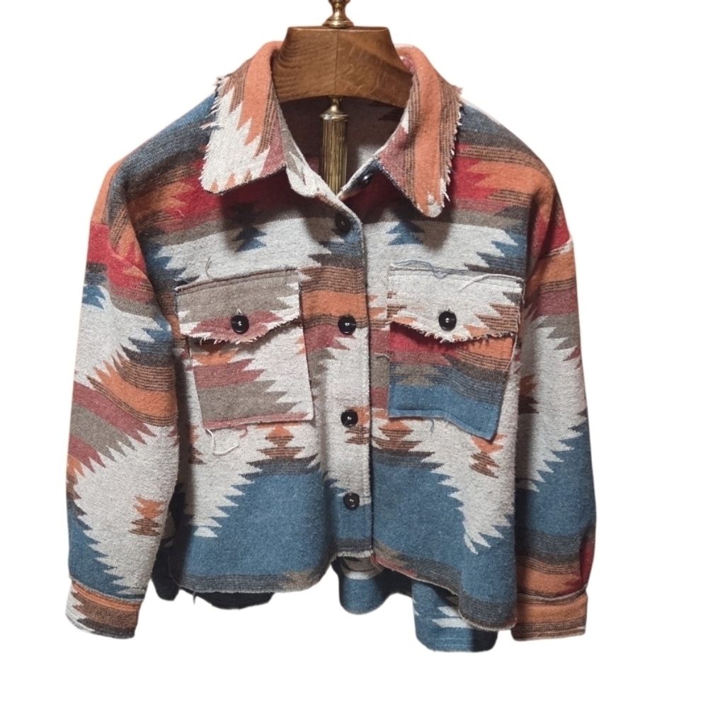 La Miel Eldora Aztec Shacket Aztec Western Raw Edge Oversizes Colorful Sz Small - Picture 2 of 7